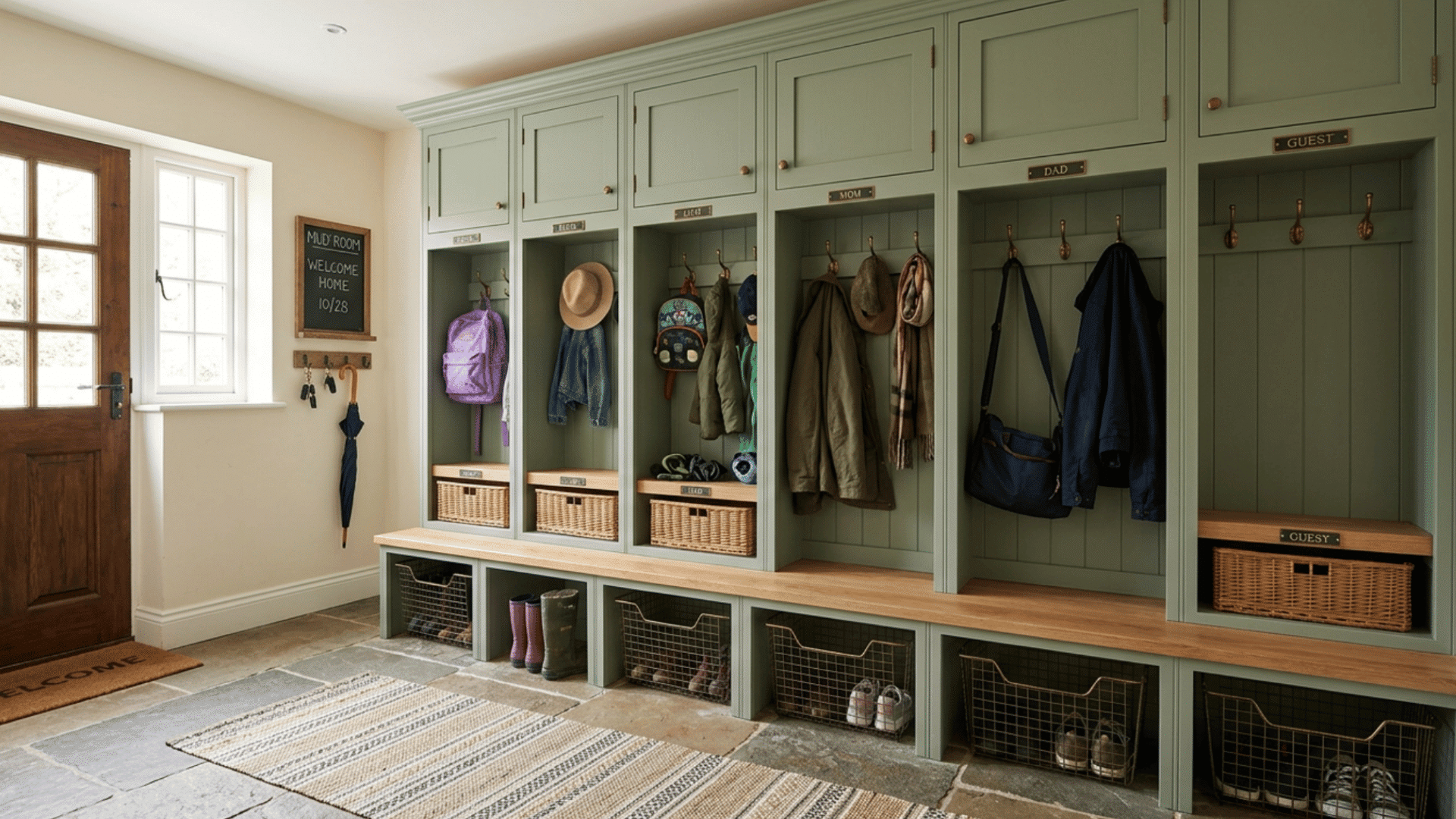 modern mud room with custom locker storage for family use