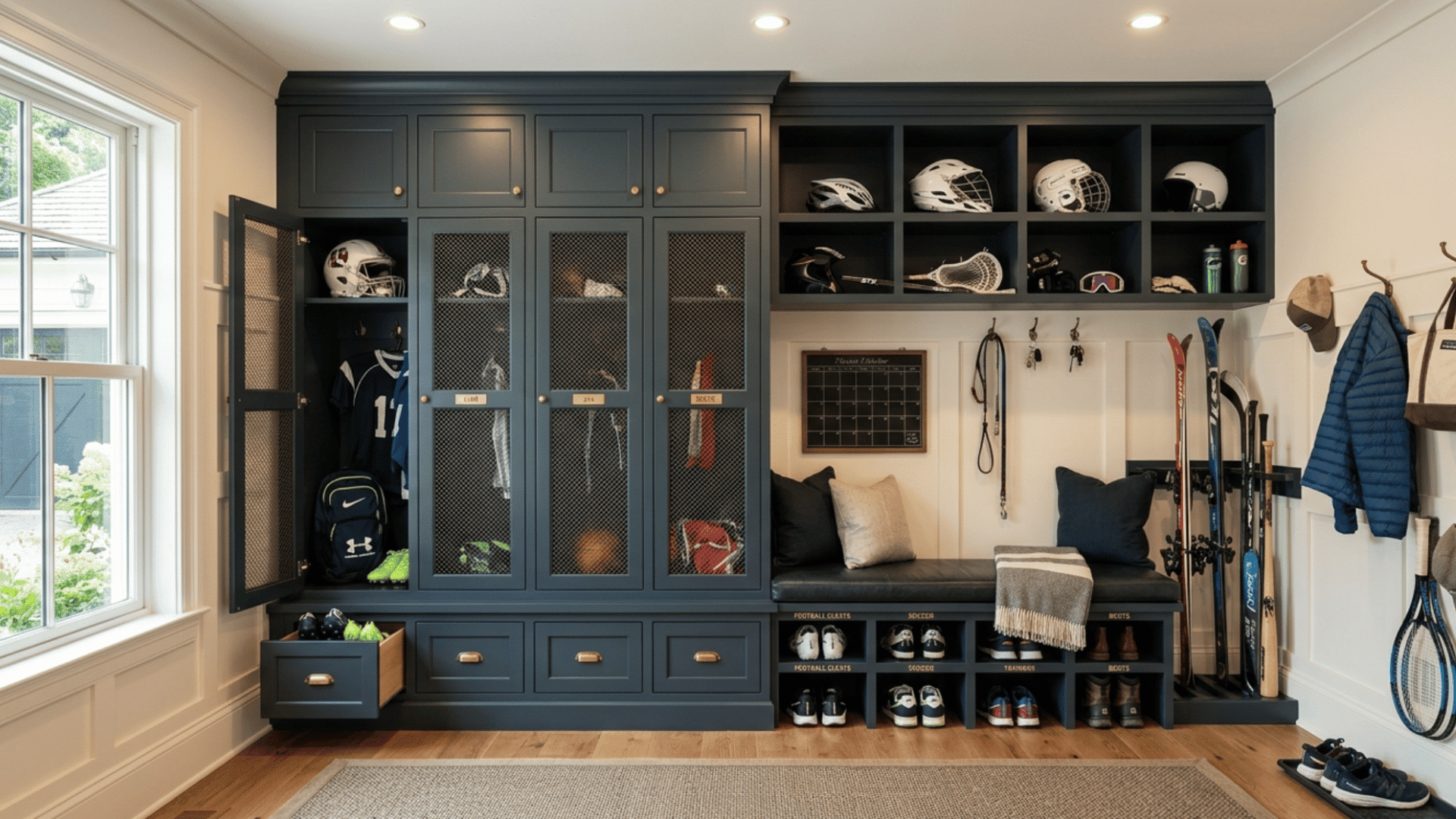 modern mud room with dedicated storage zones for sports gear, bags, and organized daily essentials