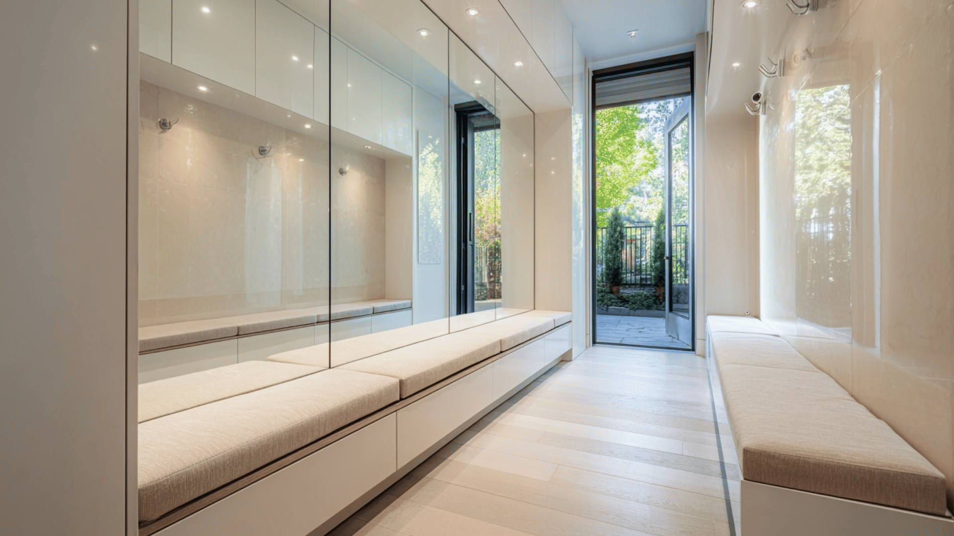 modern mud room with full length mirror and bright space