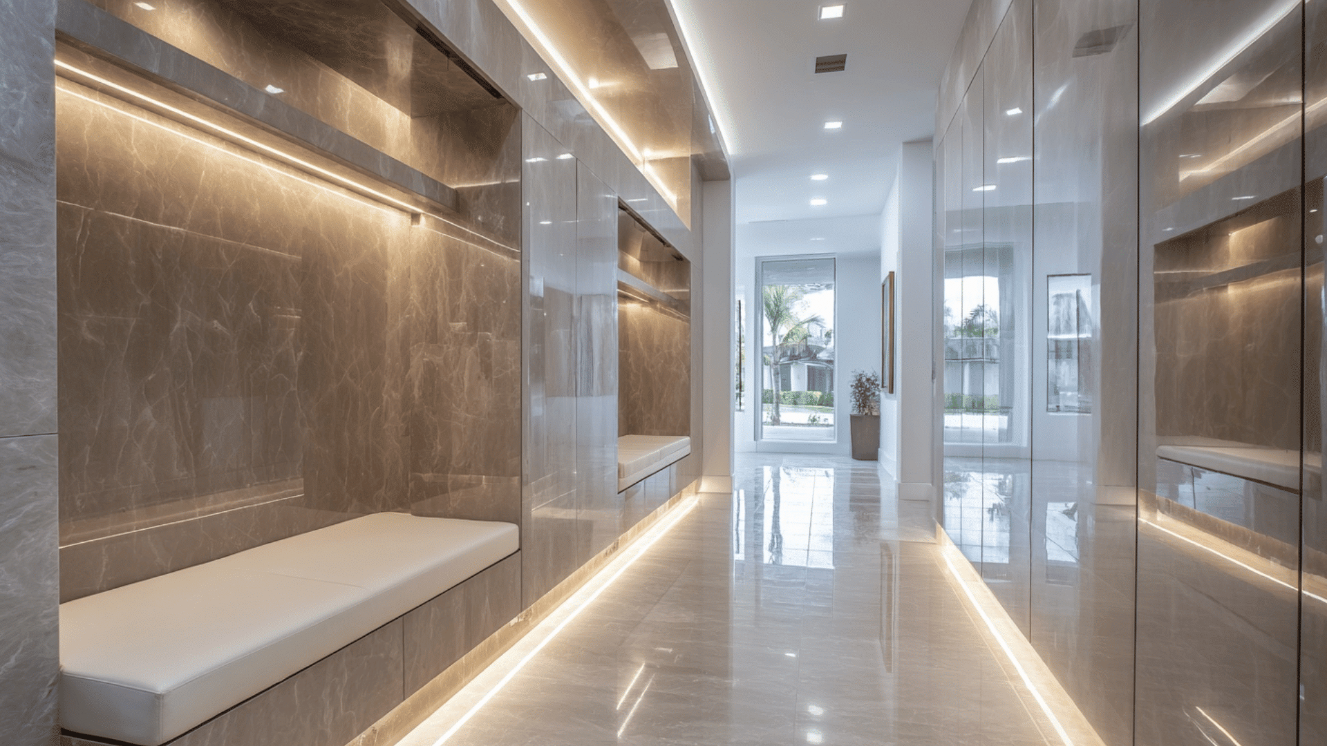 modern mud room with motion sensor lighting and sleek ceiling