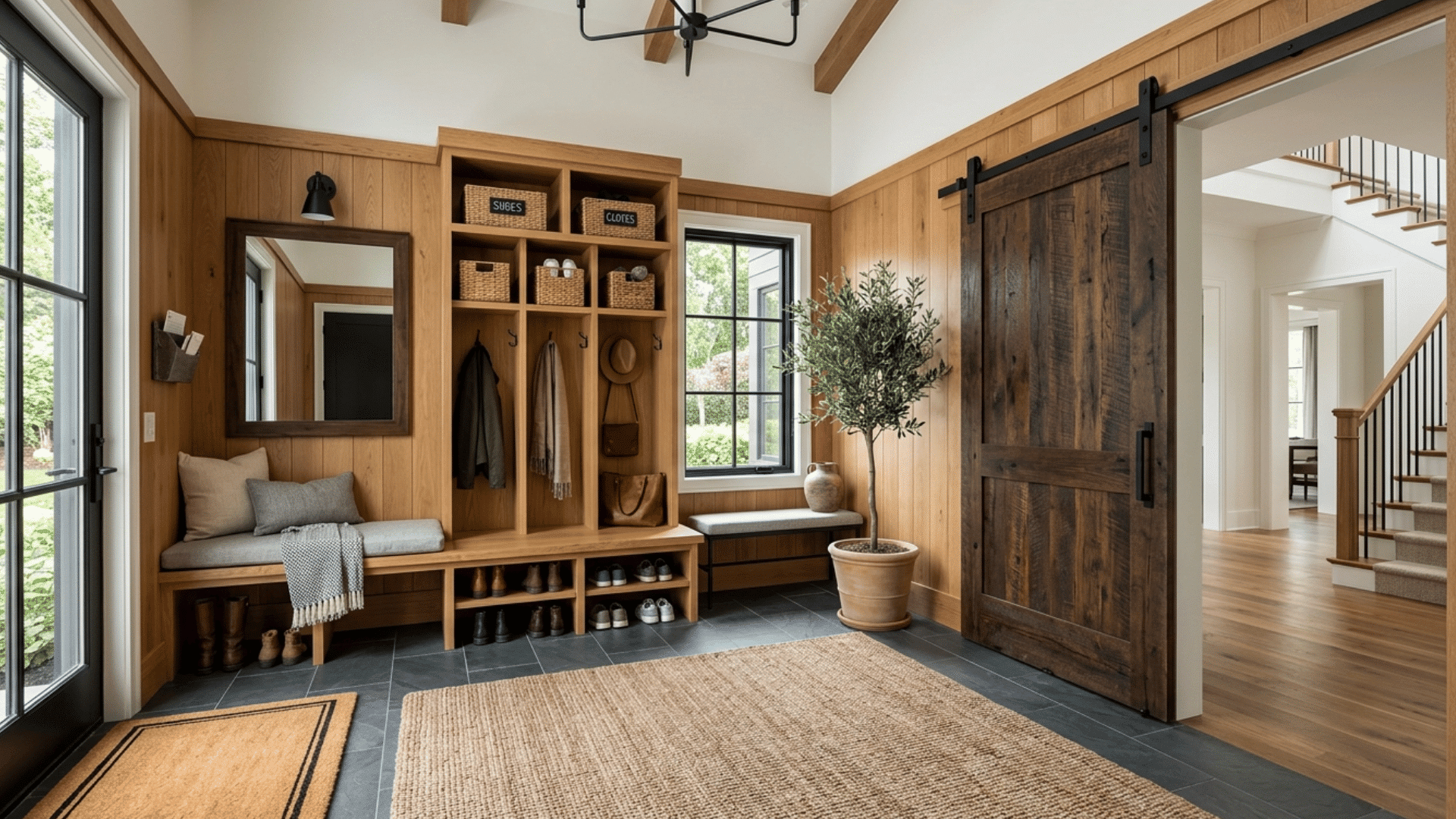 modern mud room with sliding barn door, clean entry layout, and space saving functional design