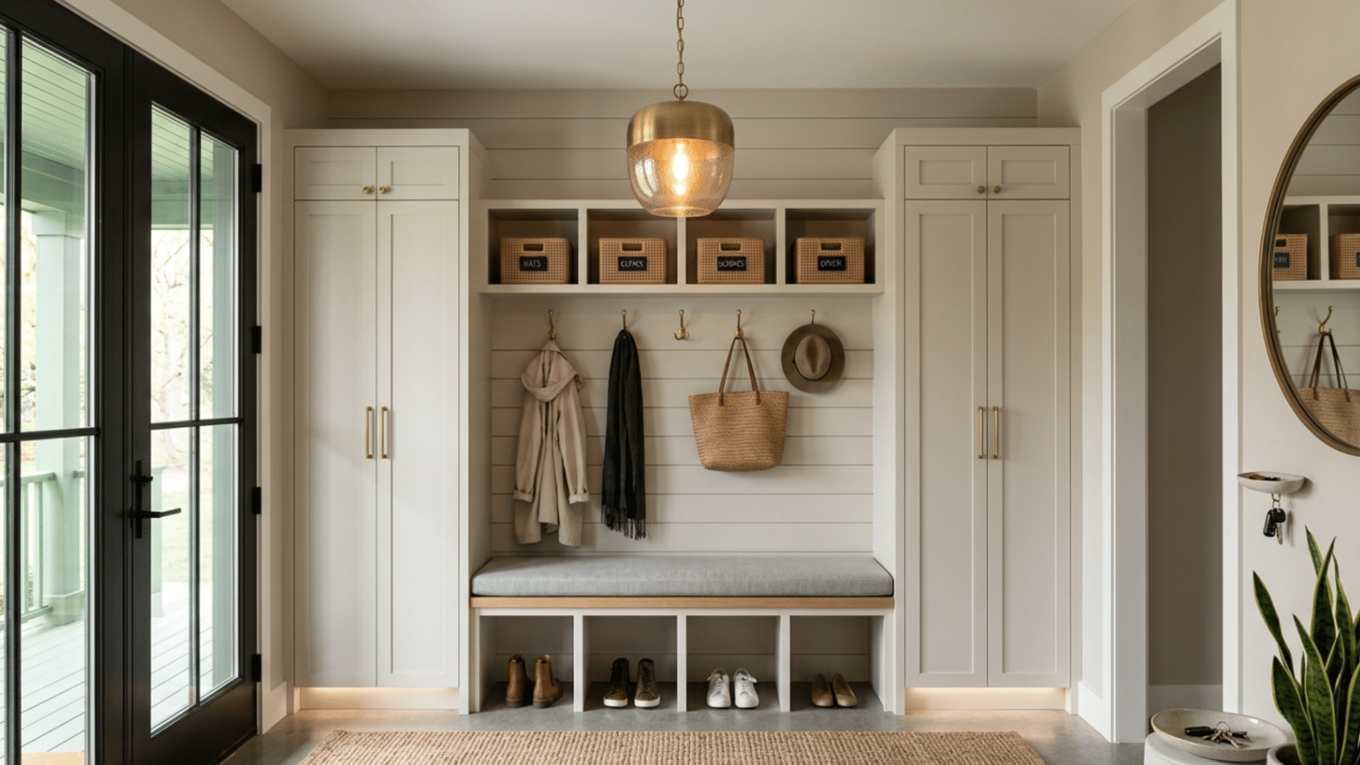 modern mud room with statement pendant lighting and clean design