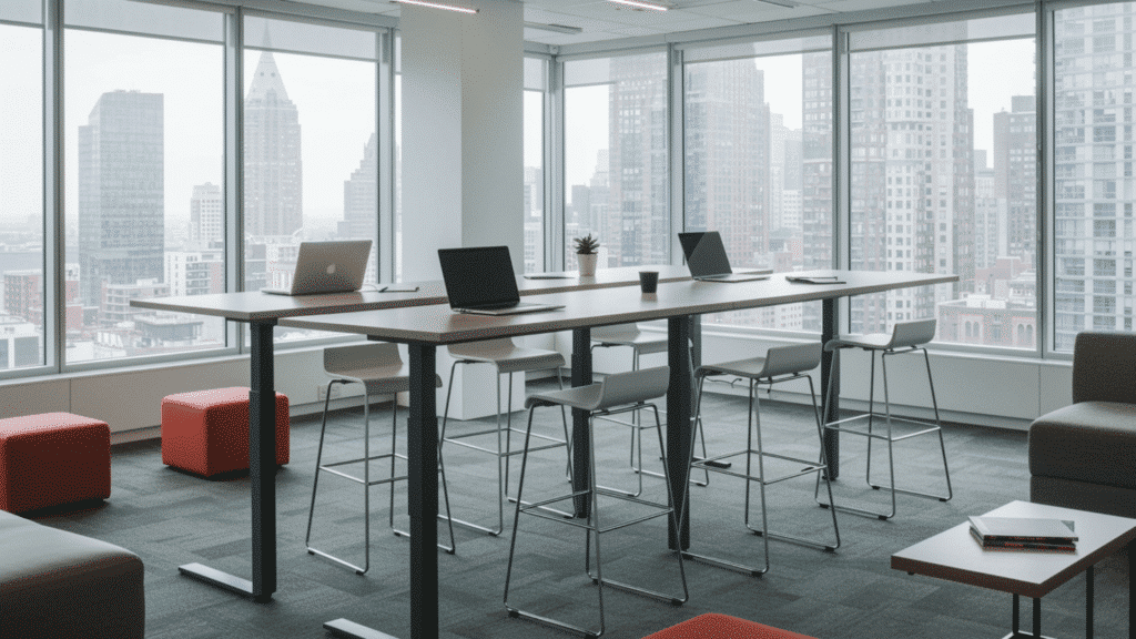 modern office workspace with high table, stools, and laptops set against large windows overlooking a city skyline