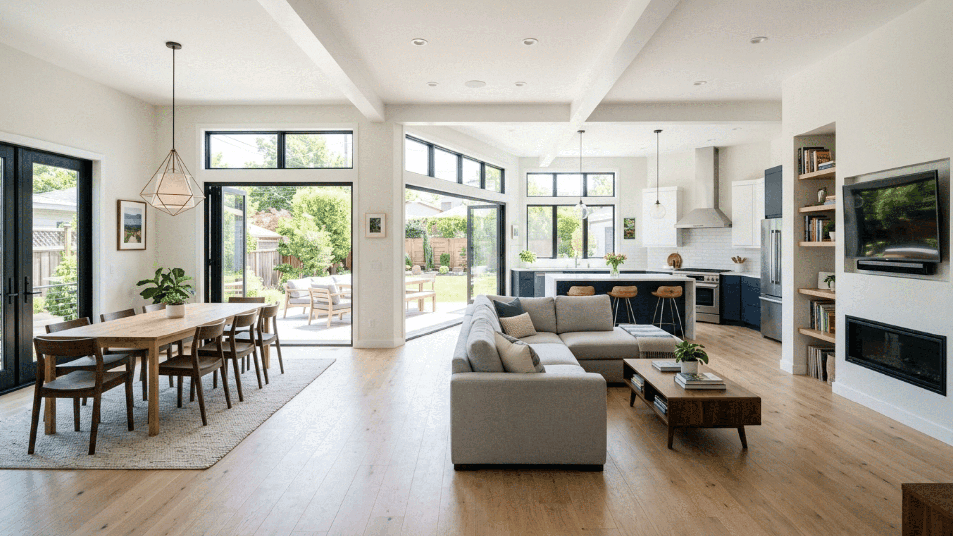 modern open-concept living room, dining area, and kitchen with large windows, natural light, and seamless indoor-outdoor connection