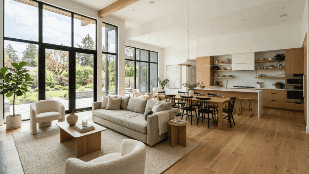 modern open floor living space with large windows, natural light, kitchen, dining, and lounge seamlessly connected