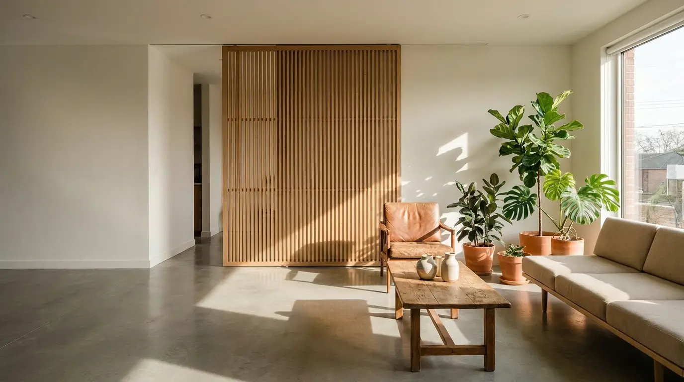 Modern living room with wooden partitions, leather chair, plants, and sunlight streaming through windows