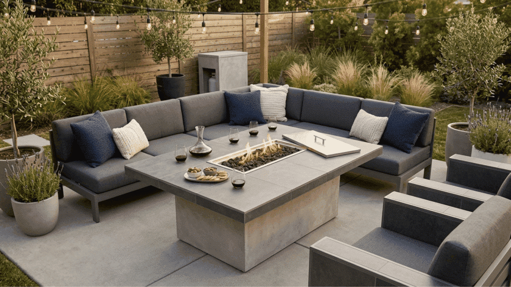 modern outdoor patio sectional fire table gas fire pit minimalist backyard string lights cozy seating