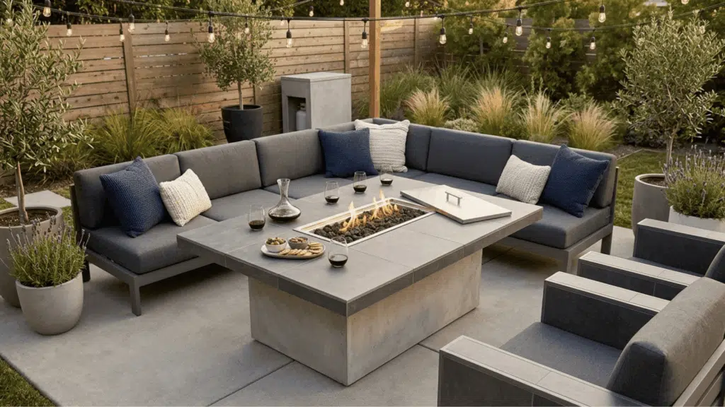 modern outdoor patio sectional fire table gas fire pit minimalist backyard string lights cozy seating