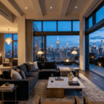 modern penthouse living room with large windows, open layout, city skyline view, terrace seating, and warm evening lighting