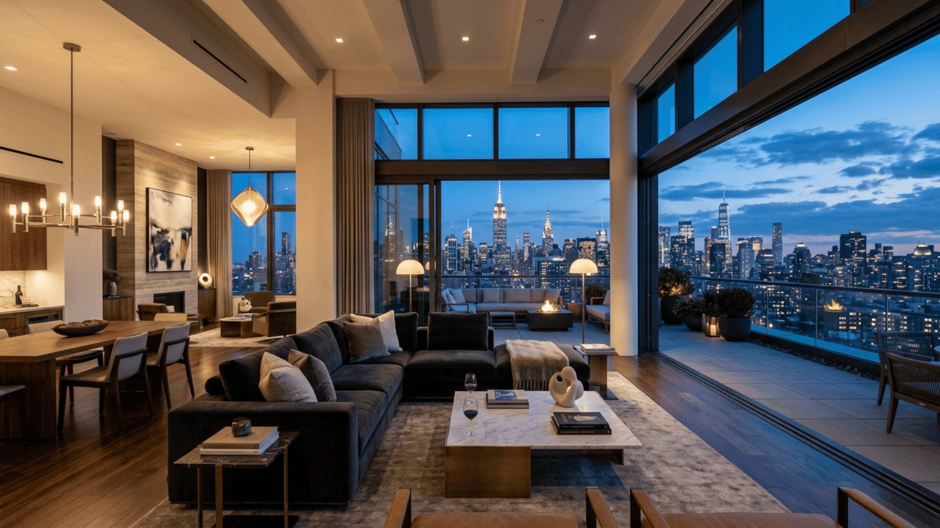 modern penthouse living room with large windows, open layout, city skyline view, terrace seating, and warm evening lighting