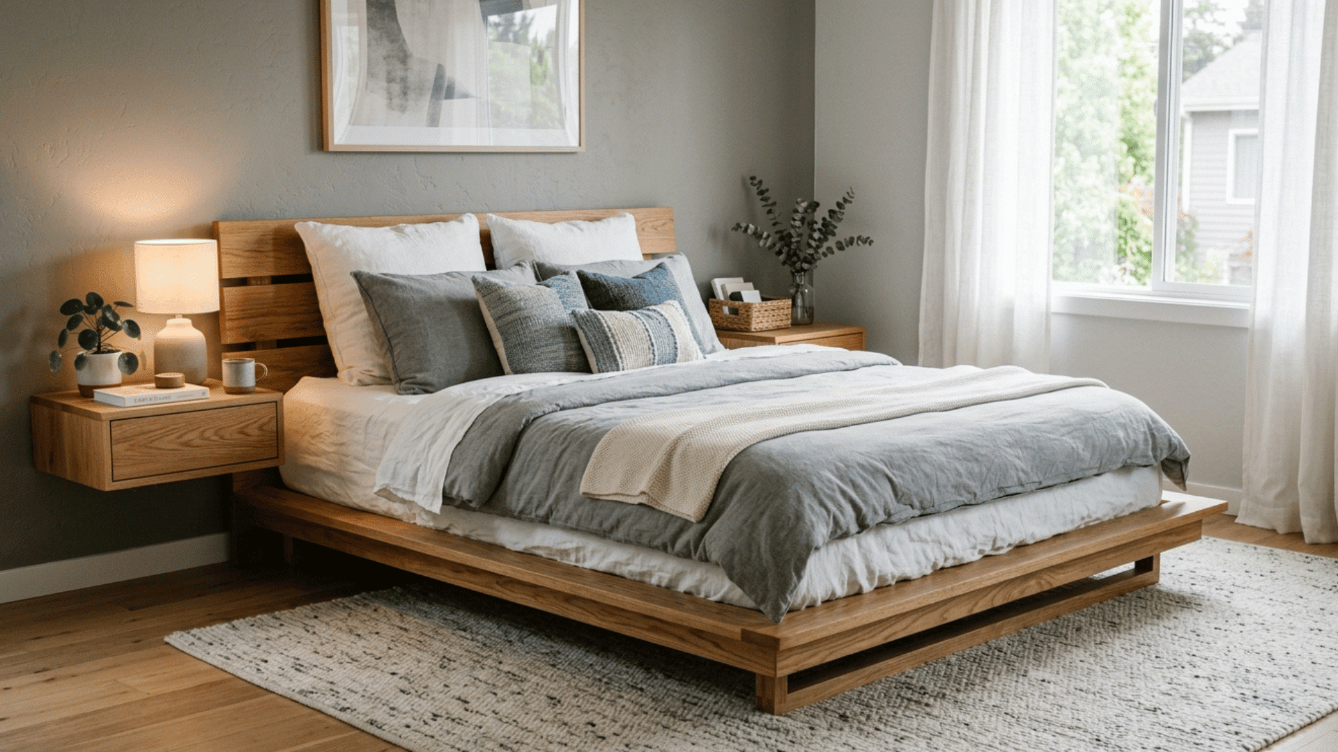 modern platform bed with layered bedding and slatted headboard in a calm, natural-style bedroom.