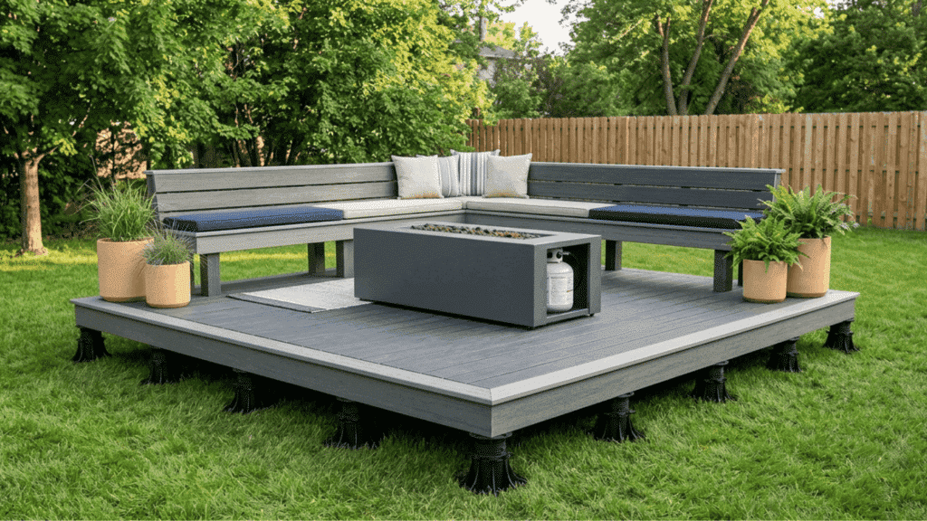 modern raised deck fire table outdoor sectional seating minimalist backyard design