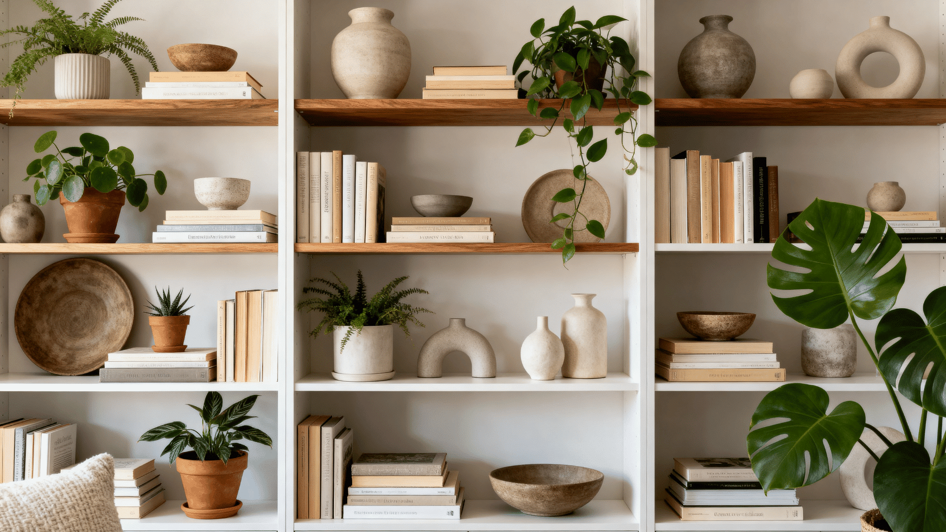 modern room with open shelving filled with books, plants, ceramics and decor items, styled and balanced arrangement