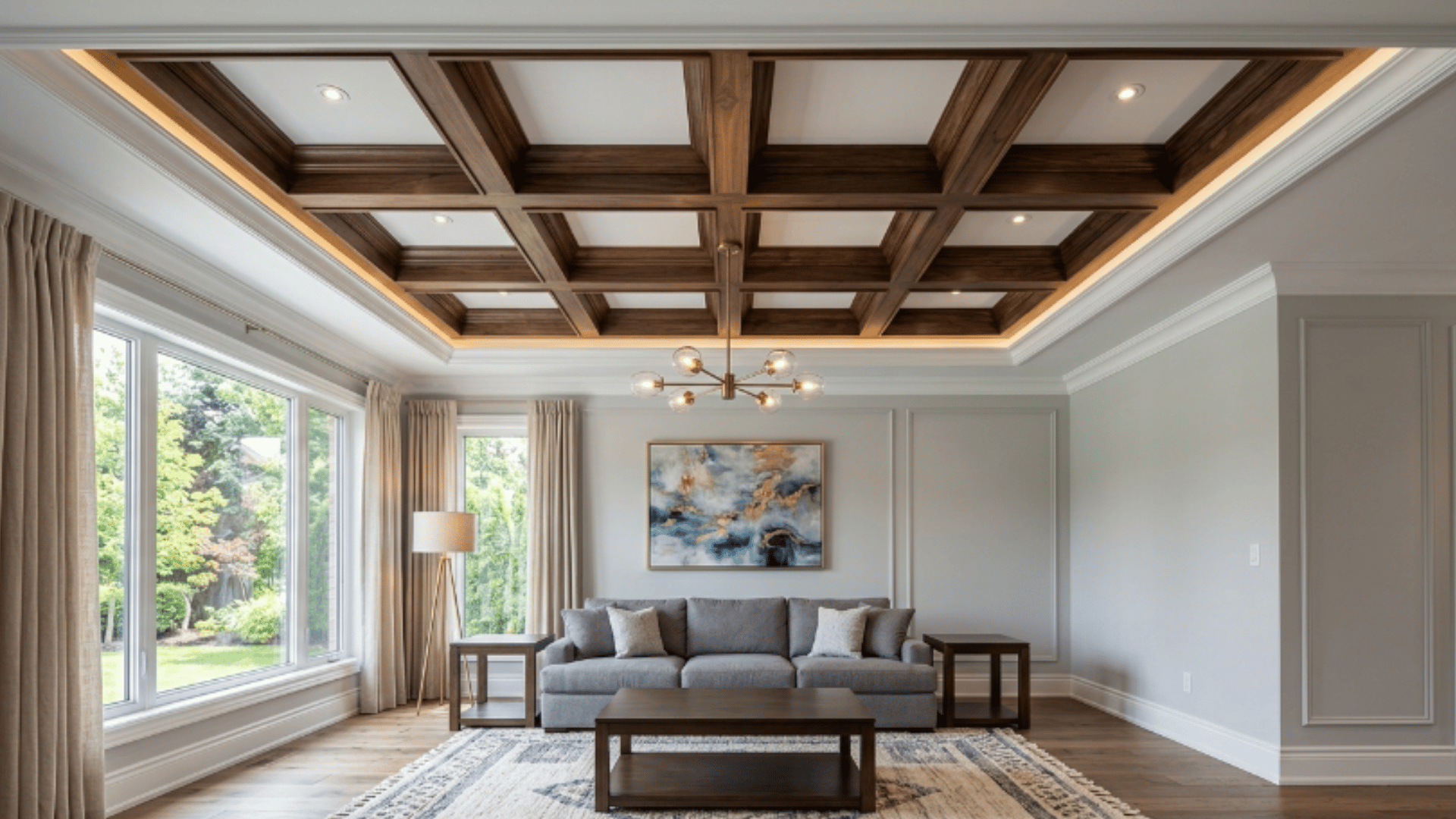 modern room with tray ceiling featuring recessed square sections forming a structured coffered ceiling pattern