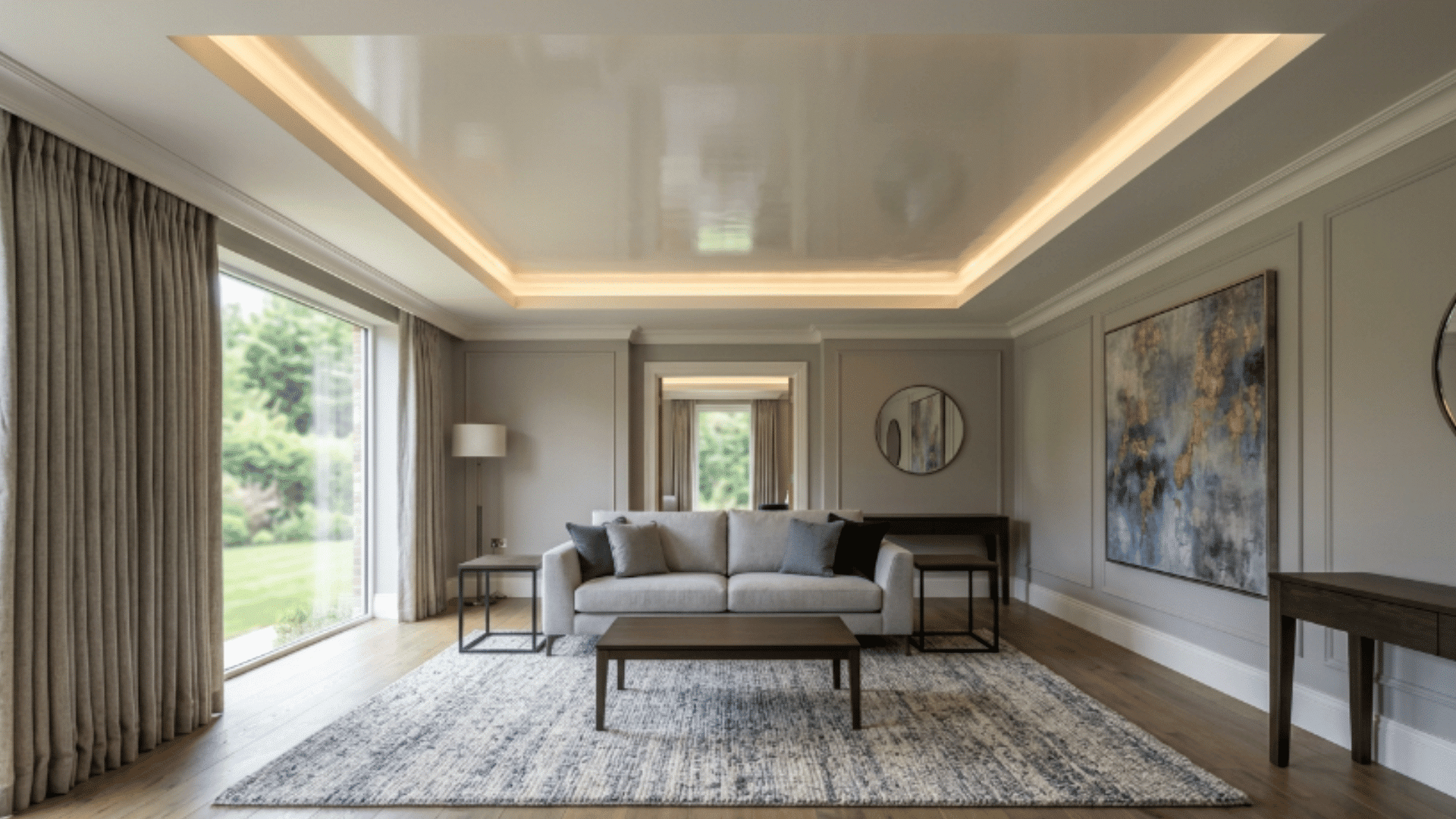 modern room with tray ceiling using matte and gloss finishes in the same color to create subtle contrast