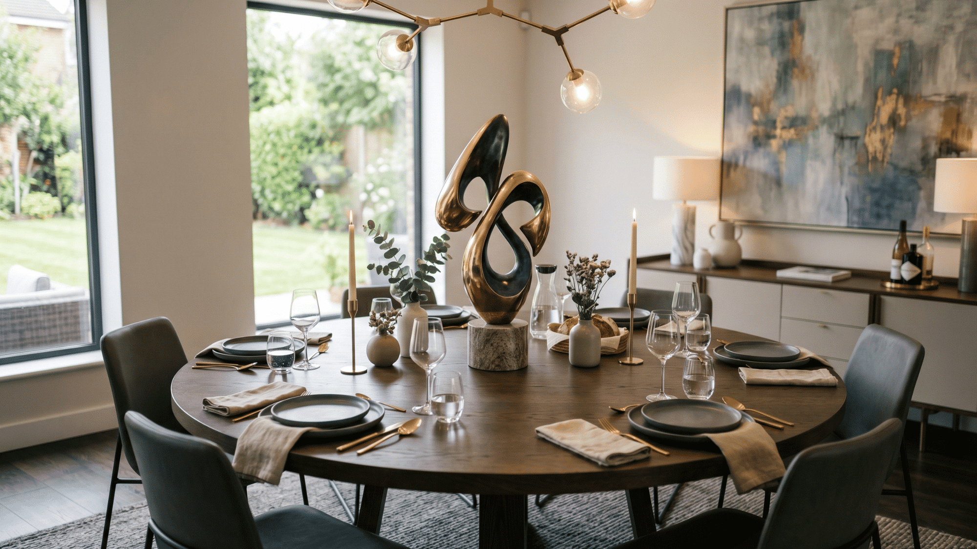 modern sculpture placed at center of dining table, stylish interior decor