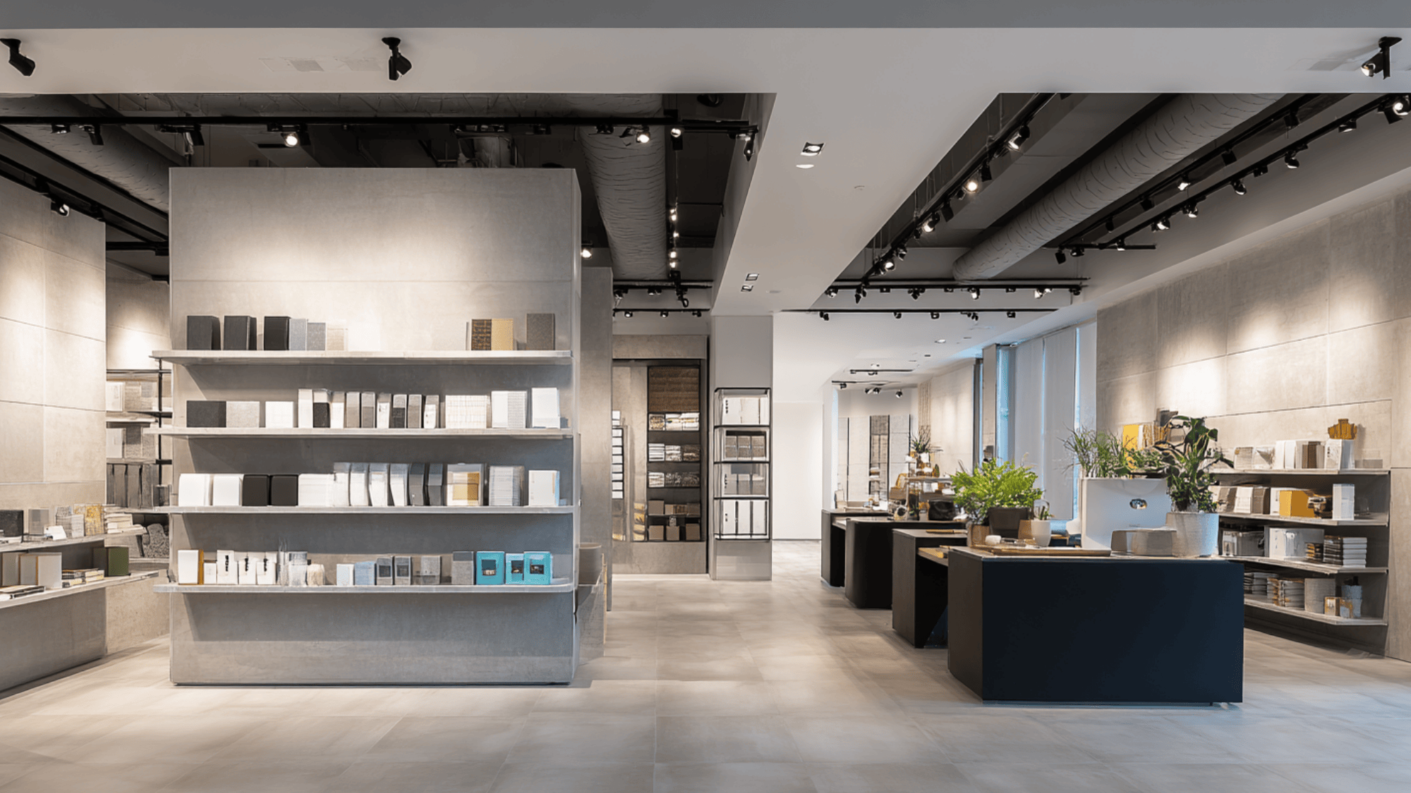 modern showroom interior with organized product displays and bright lighting