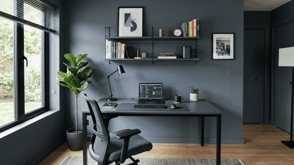 modern slate gray home office with charcoal desk and metal shelving