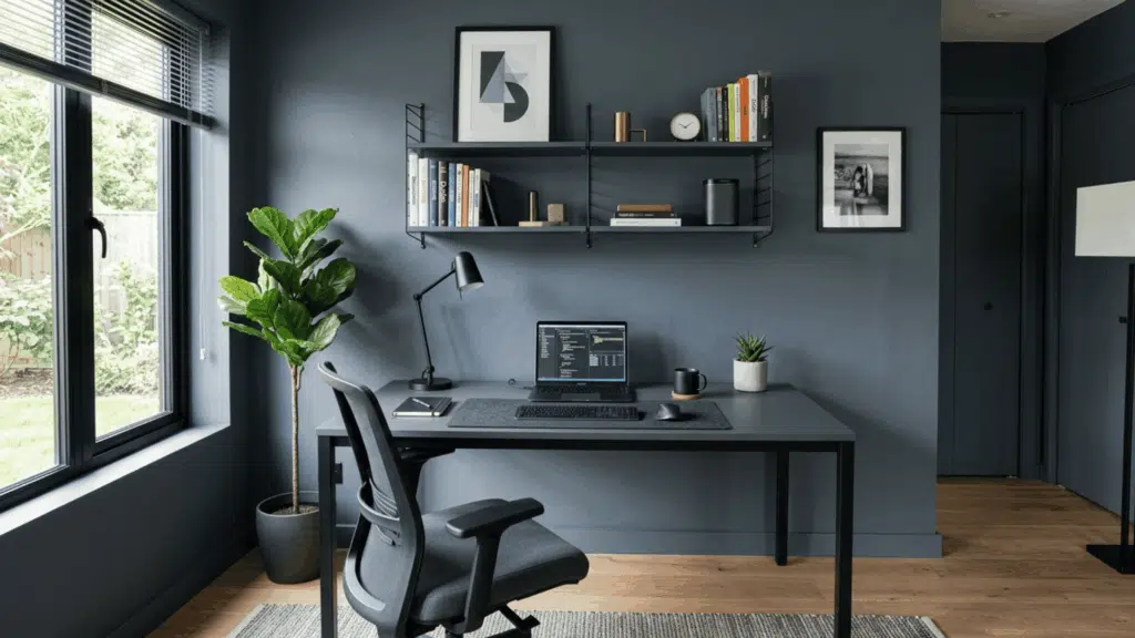 modern slate gray home office with charcoal desk and metal shelving