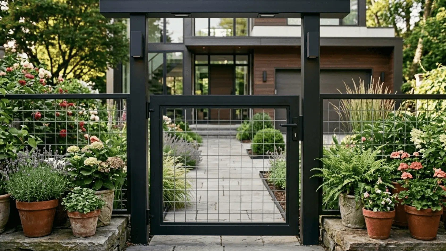modern steel hog wire fence gate at house entrance with landscaped front yard