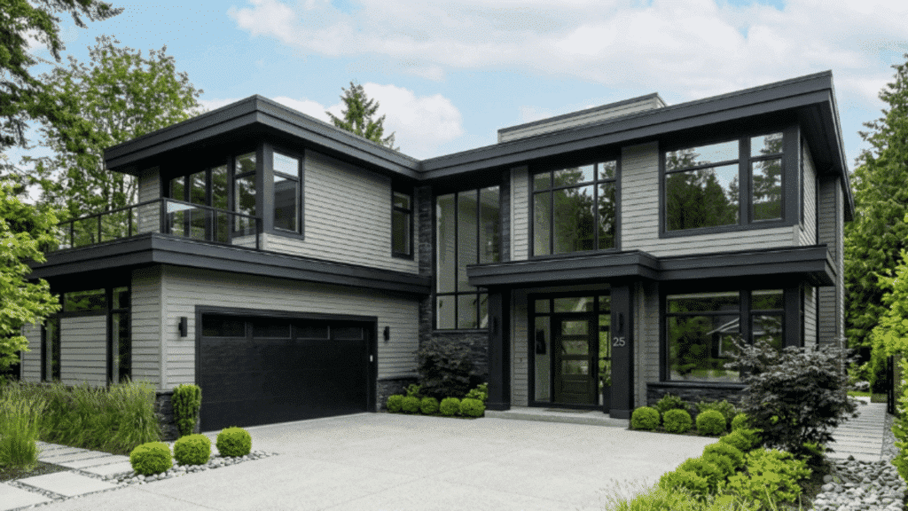modern suburban home with stone gray siding black trim large windows driveway clean landscaping daylight