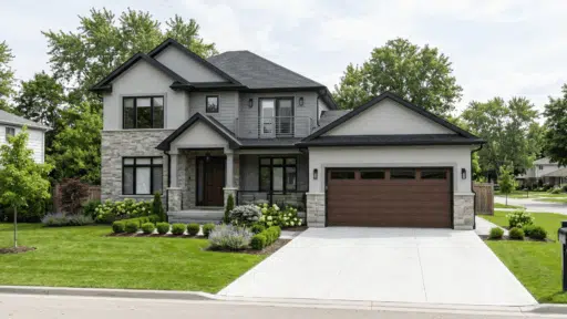 modern suburban house with attached garage, pitched roof and clean driveway with green lawn