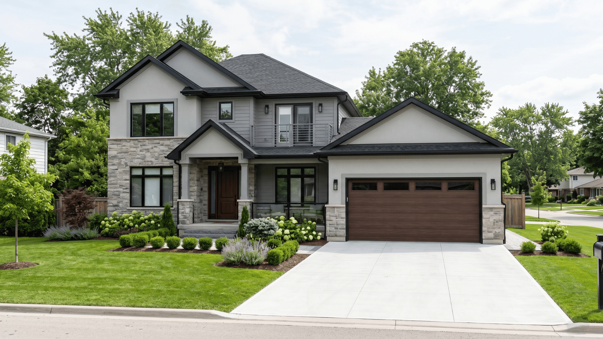 modern suburban house with attached garage, pitched roof and clean driveway with green lawn