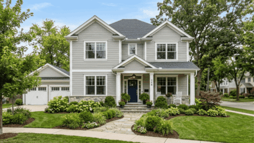 modern suburban house with soft gray siding white trim navy front door landscaped yard bright daylight showing curb appeal exterior design