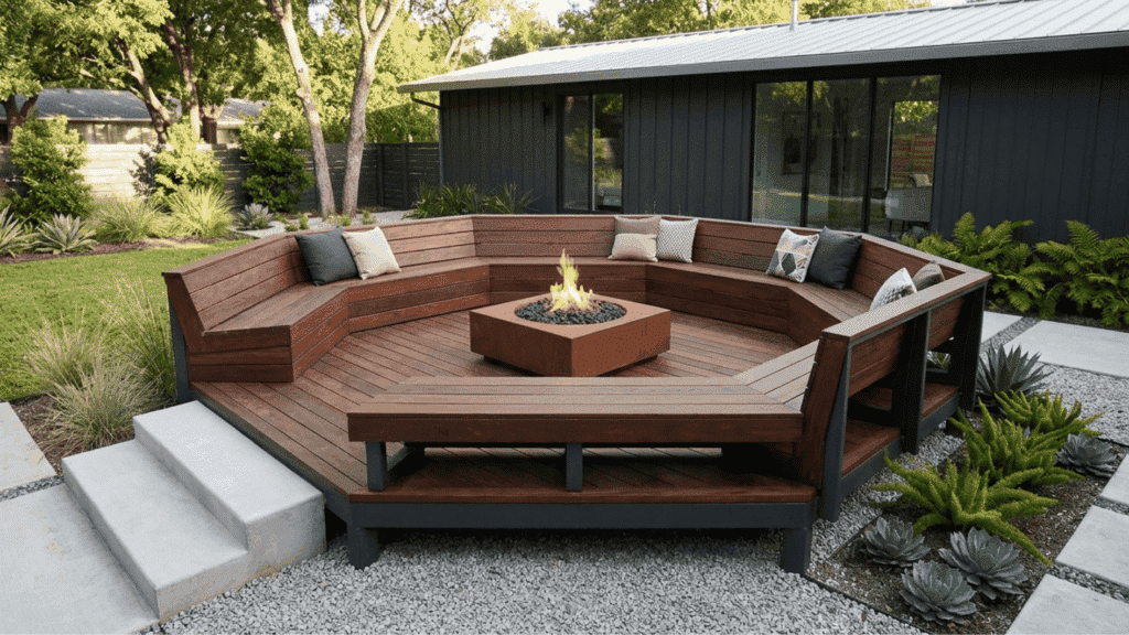 modern sunken deck fire pit built-in seating hexagonal wood platform contemporary backyard design