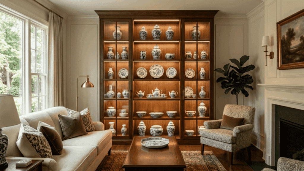 modern traditional interior design living room cabinet displaying porcelain decor shelves wooden floor and lighting