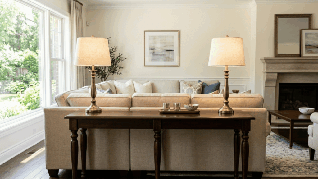 modern traditional interior design living room sofa with console table behind lamps books decor and window light