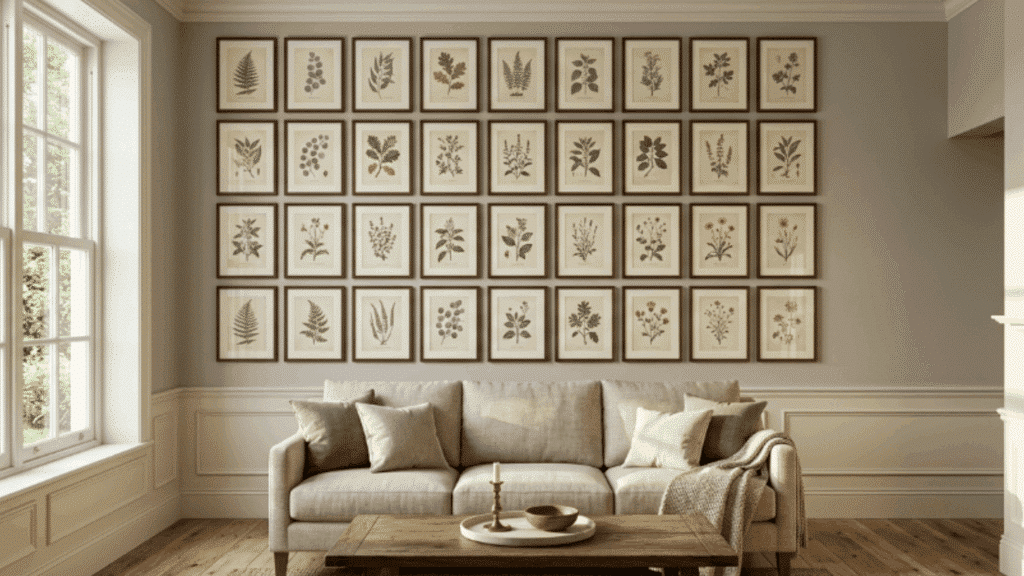 modern traditional interior design living room with botanical print gallery wall sofa wood flooring