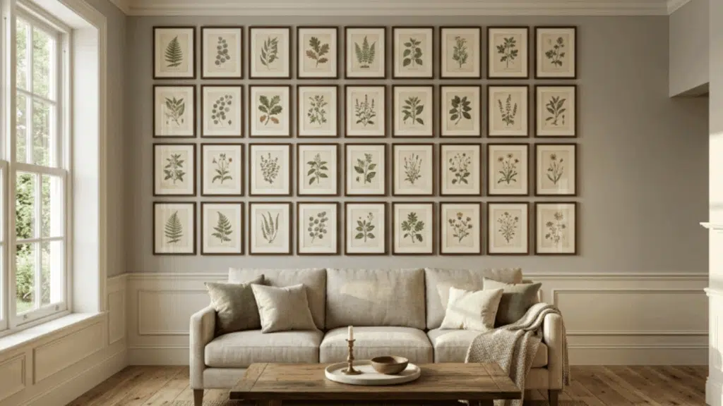 modern traditional interior design living room with botanical print gallery wall sofa wood flooring