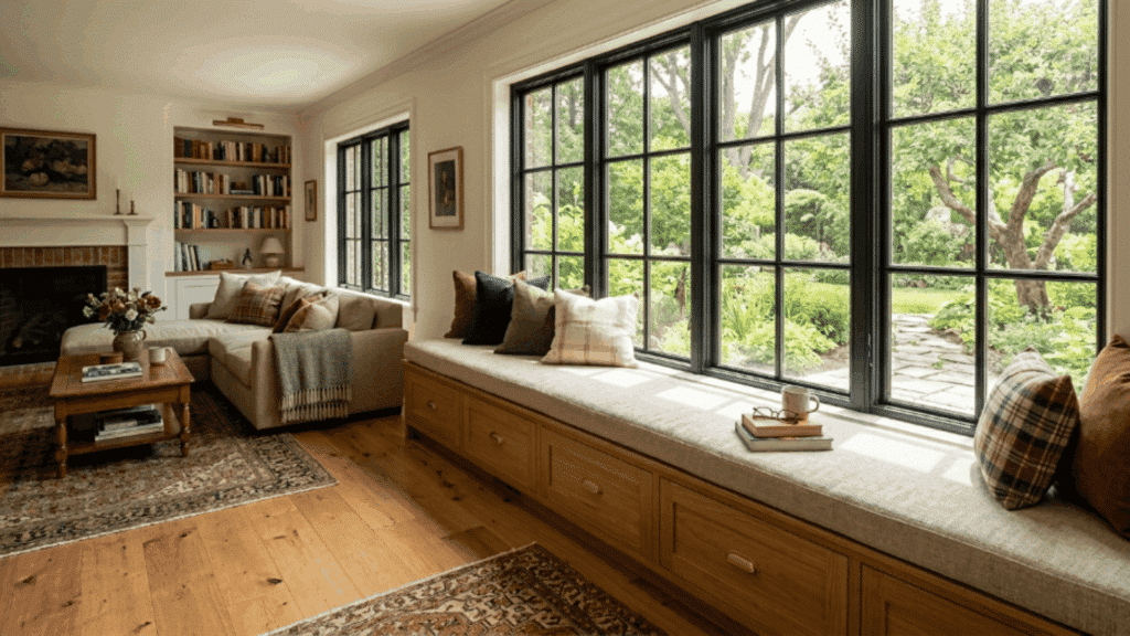 modern traditional interior design living room with built in window seat cushions storage bench and sunlight
