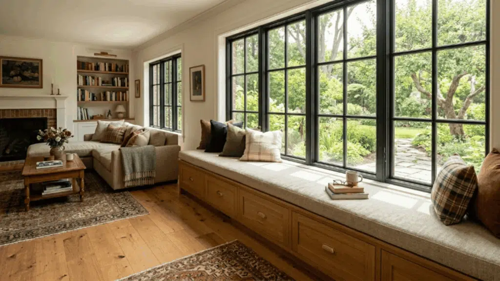 modern traditional interior design living room with built in window seat cushions storage bench and sunlight