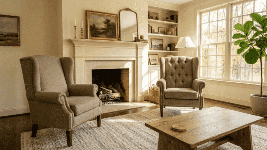 modern traditional interior design living room with classic wingback chairs