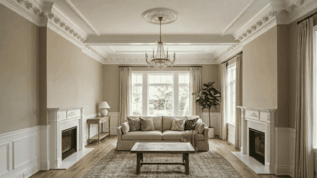 modern traditional interior design living room with crown molding ceiling detail neutral furniture and natural daylight
