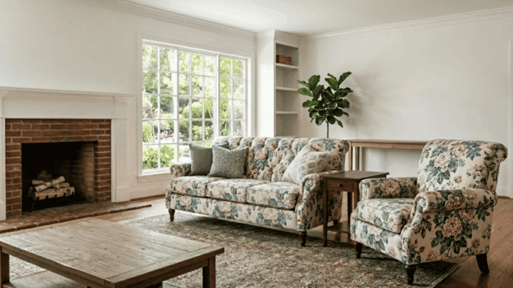 modern traditional interior design living room with floral accent chair neutral sofa wooden floor