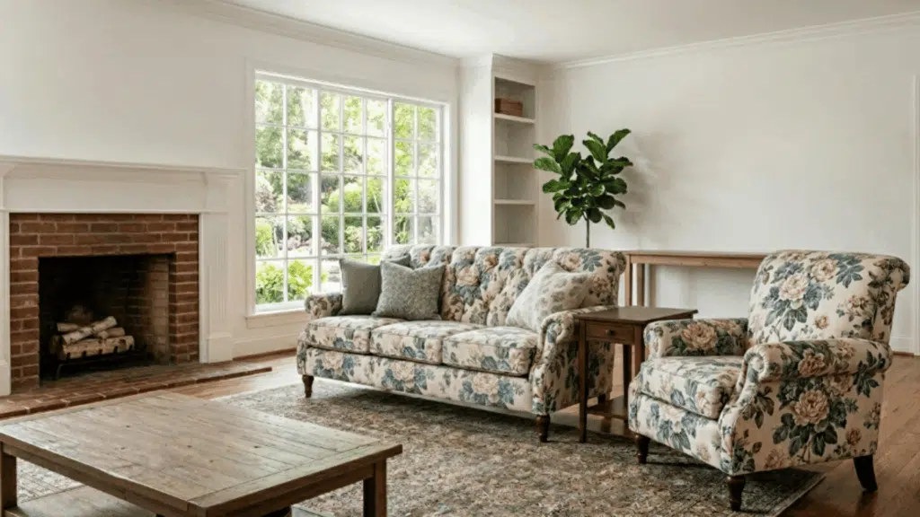 modern traditional interior design living room with floral accent chair neutral sofa wooden floor
