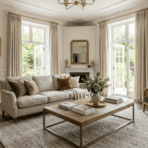 modern traditional interior design living room with neutral furniture classic molding and warm natural light