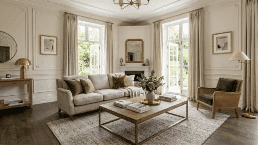 modern traditional interior design living room with neutral furniture classic molding and warm natural light