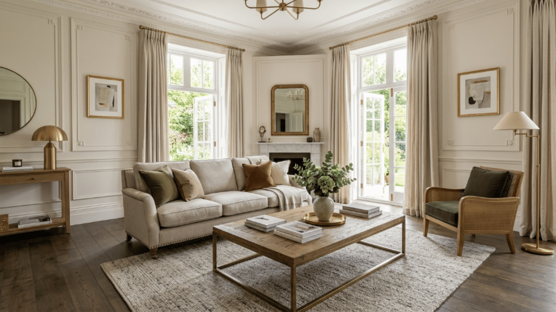 modern traditional interior design living room with neutral furniture classic molding and warm natural light