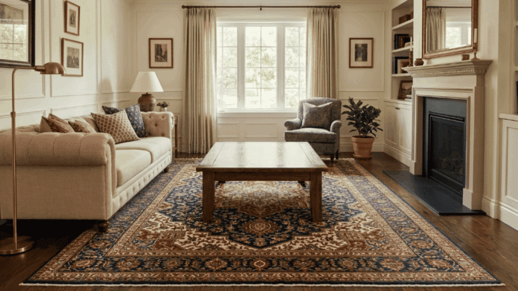 modern traditional interior design living room with patterned area rug sofa seating layout wooden floor and daylight