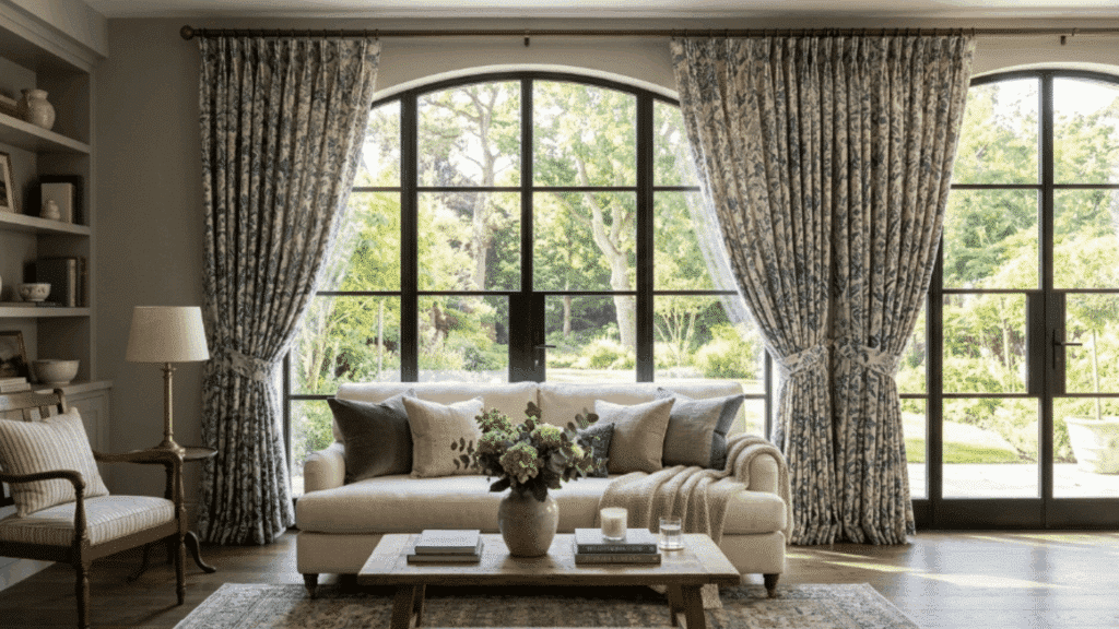 modern traditional interior design living room with patterned drapery neutral sofa wooden table and daylight