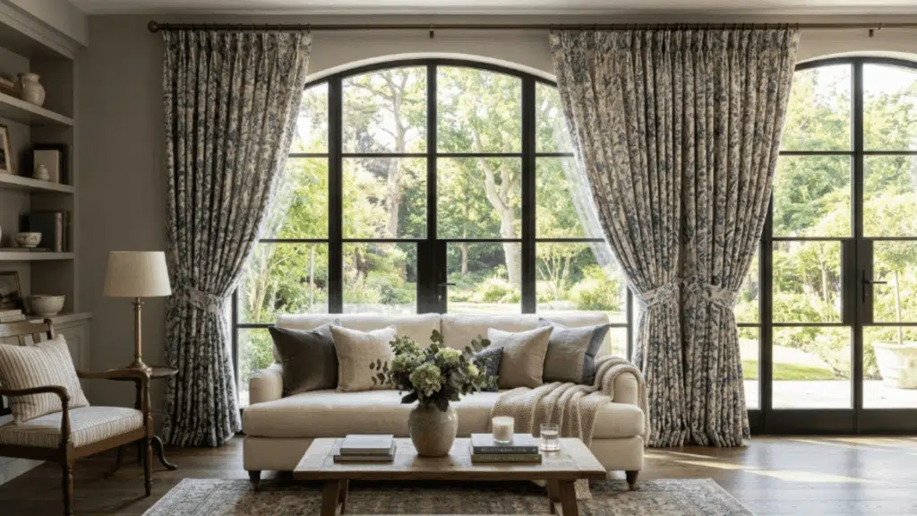 modern traditional interior design living room with patterned drapery neutral sofa wooden table and daylight