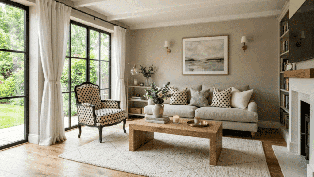 modern traditional interior design living room with polka dot pattern cushions neutral sofa wooden floor large windows and bright daylight