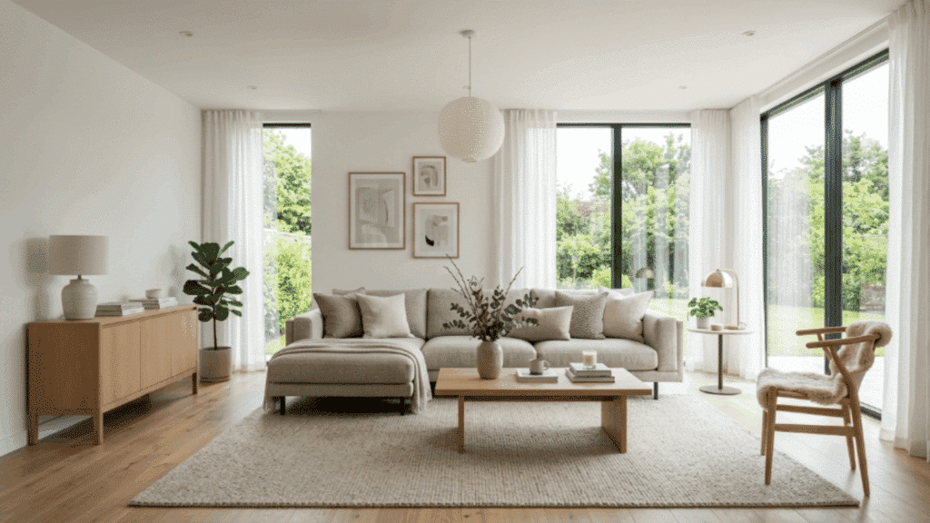 modern traditional interior design living room with scandinavian furniture light wood floors neutral sofa and sunlight