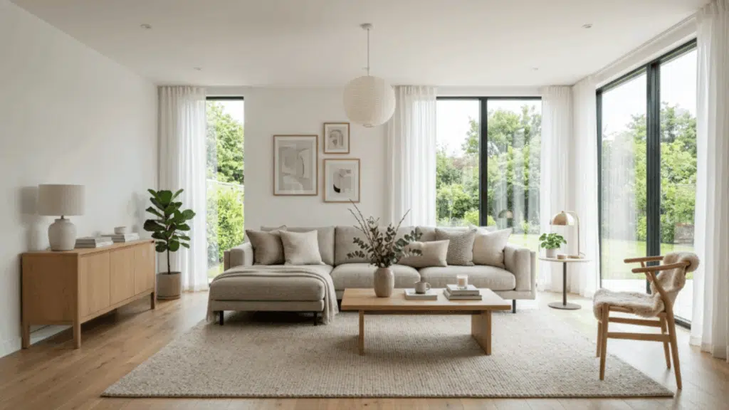 modern traditional interior design living room with scandinavian furniture light wood floors neutral sofa and sunlight