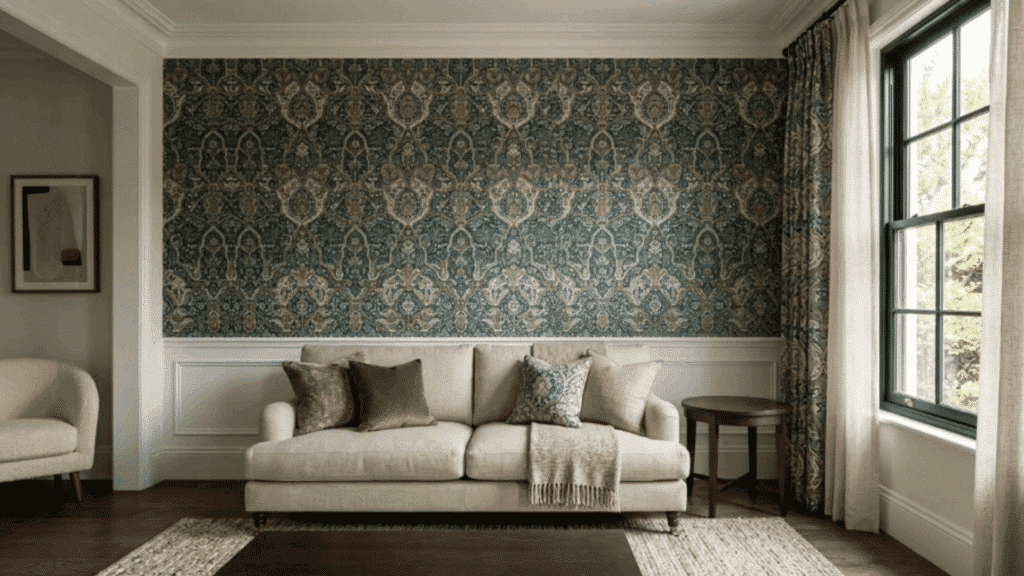 modern traditional interior design living room with statement wallcovering patterned accent wall neutral sofa
