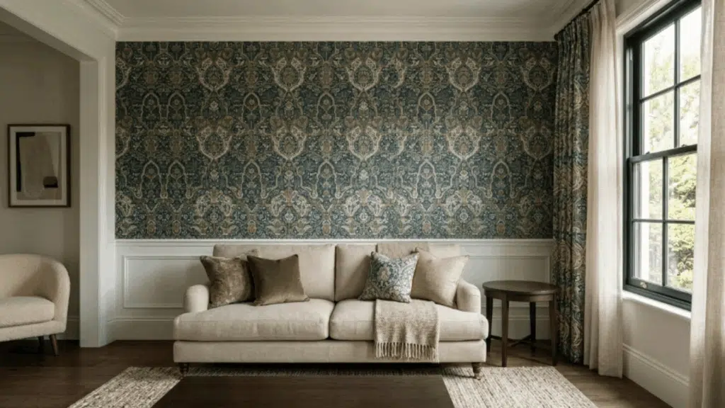 modern traditional interior design living room with statement wallcovering patterned accent wall neutral sofa